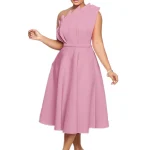 Ladies Solid Color Slash Shoulder Pleated Evening Dress Woman Sleeveless A-line Midi Plus Size  Formal Vestidos Para Mujer