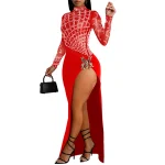 Fashion Women Beaded Sexy Hollow Long-Sleeved Slit Dresses for Lady