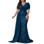 Plus Size Womens Clothing Elegant Sequin Patchwork V Neck Short Sleeve Evening Dresses