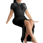 2025   Ladies Party Party Prom Ladies Elegant Beaded Short-sleeved Evening Dress Black Formal Wear