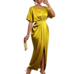 2025 Summer Spring New Arrival Office Ladies Elegant Dress Solid Color V-neck Satin Vestido Short Sleeve Loose Casual Dresses