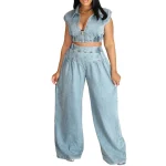 Spring 2025 Women Clothes Denim Zipper Top and Pants Casual Two-piece Set