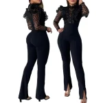 New Clothes Women Black Sequin Lace Long Sleeve Slit Elegant Casual Jumpsuit