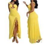 Women Sexy Halter Hollow Solid Slit Maxi Summer Dresses for Ladies
