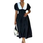 Elegant Contrast Color A-line Midi Office Lady Dresses African V-neck Church Dresses for   Women Dresses