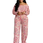 Fashion Clothes Women Printed Loose Off Shoulder Elastic Pleated Top and Pants Two-piece Womens Sets