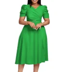2025 Spring Summer Solid Color Pleated Midi Ladies Dresses Elegant Dress for Church High Quality V-Neck Women Office Wear
