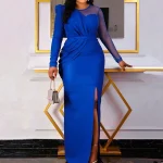 High Quality Elegant Formal Maxi Long Sleeve Dress Cocktail Blue Prom Dresses Plus Size Evening Party Dress for Fat Woman