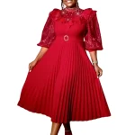 Plus Size See-Through Lantern Sleeve Pleated Fashion Party African Dresses for Women Clothing