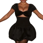 Women Designer Summer Elegant Short Sleeve Hollow Velvet Bubble Dress