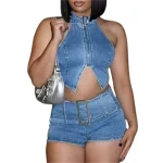 High Street Fashion Summer Ladies 2025 Two Piece Short Set butterfly Beaded Vest Jeans Set Fashion Women's Denim Sets