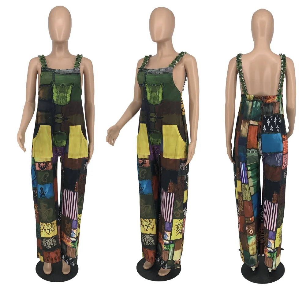 New Arrivals Jumpsuit Woman Boho Printed  Wide Leg Loose Sling Jumpsuit - Image 4