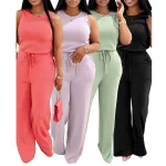 2025 Fashion Casual Womens Sets Round Neck Top and Pant Two Piece Set Women Clothing