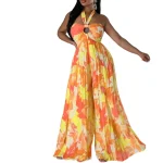 Summer Sexy Backless Print Lace-Up Wide Leg Jumpsuits Elegant Women