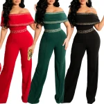 Fashion Women Clothing Casual Print Black Off Shoulder Wide-leggged Formal Jumpsuits