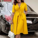 Summer Fall New Arrival Plus Size African Women Dresses Solid Color Short Sleeve Career Dresses Casual Loose Vestidos Para Mujer