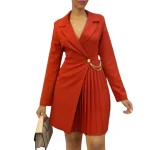 Latest Design Elegant Solid Long Sleeve Women Blazer Fall Pleated Formal Office Career Dresses Womens Clothing