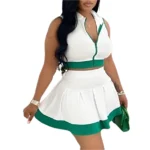 Contrast Color Sleeveless Zipper Top and Skirt Two-Piece Set for Women