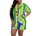 Summer Clothes Women's Sets Shirt Striped Print Casual Two Piece Shorts Set