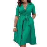 Women's Summer Dress Short Sleeve Turndown Collar Lace-Up Solid African Women Dresses